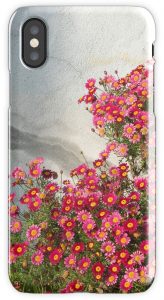 Pink Flowers Against a Gray Stucco Wall - iPhone Case