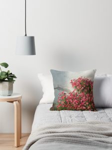 Pink Flowers Against a Gray Stucco Wall - Throw Pillow