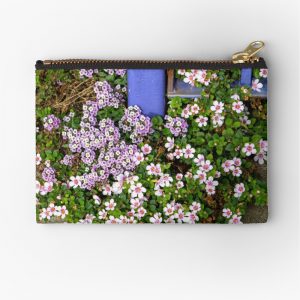 Pink and Purple Flowers Around Base of Blue Fence - studio pouch