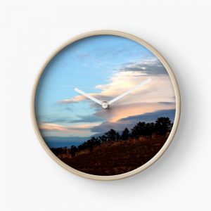Mountain Ridge with Trees and Sunset Clouds - clock