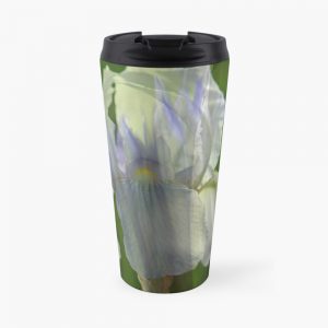 Travel Mug: Pale Blue Iris with Pattern of Iris Leaves